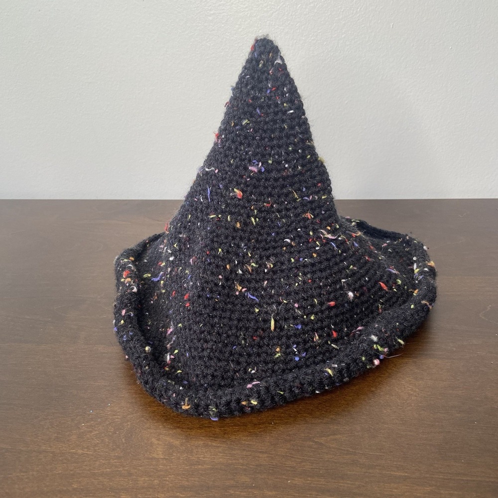 Black Knit Rainbow Flecks Crochet Witch Hat Wizard Elf Gnome Fairy Cap Kids